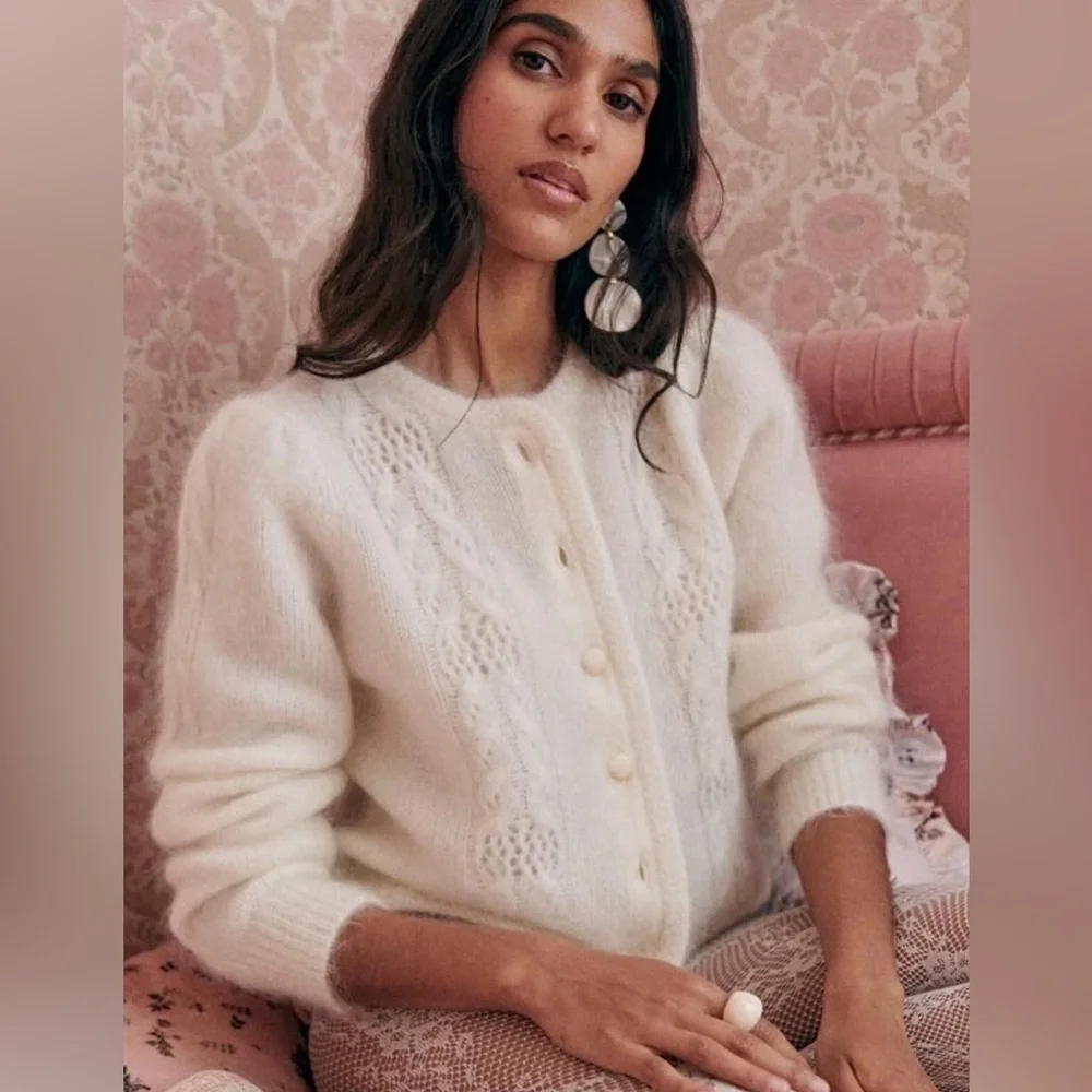MAGASCHONI MOHAIR MERINO WOOL CHEVRON CABLE KNIT EVY CROPPED CARDIGAN Cream M - Picture 5 of 6